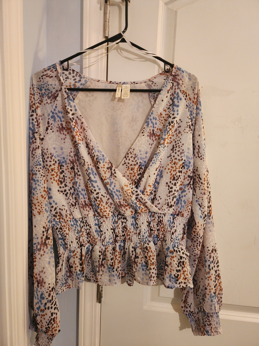 Japna Light Blue Multicolor Printed Surplice Peplum Blouse